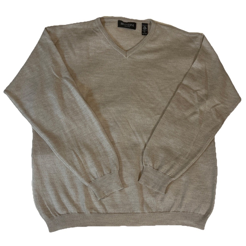 Brandini Italian Merino Wool Pullover Sweater Beige Vneck Quiet Luxury Preppy LG